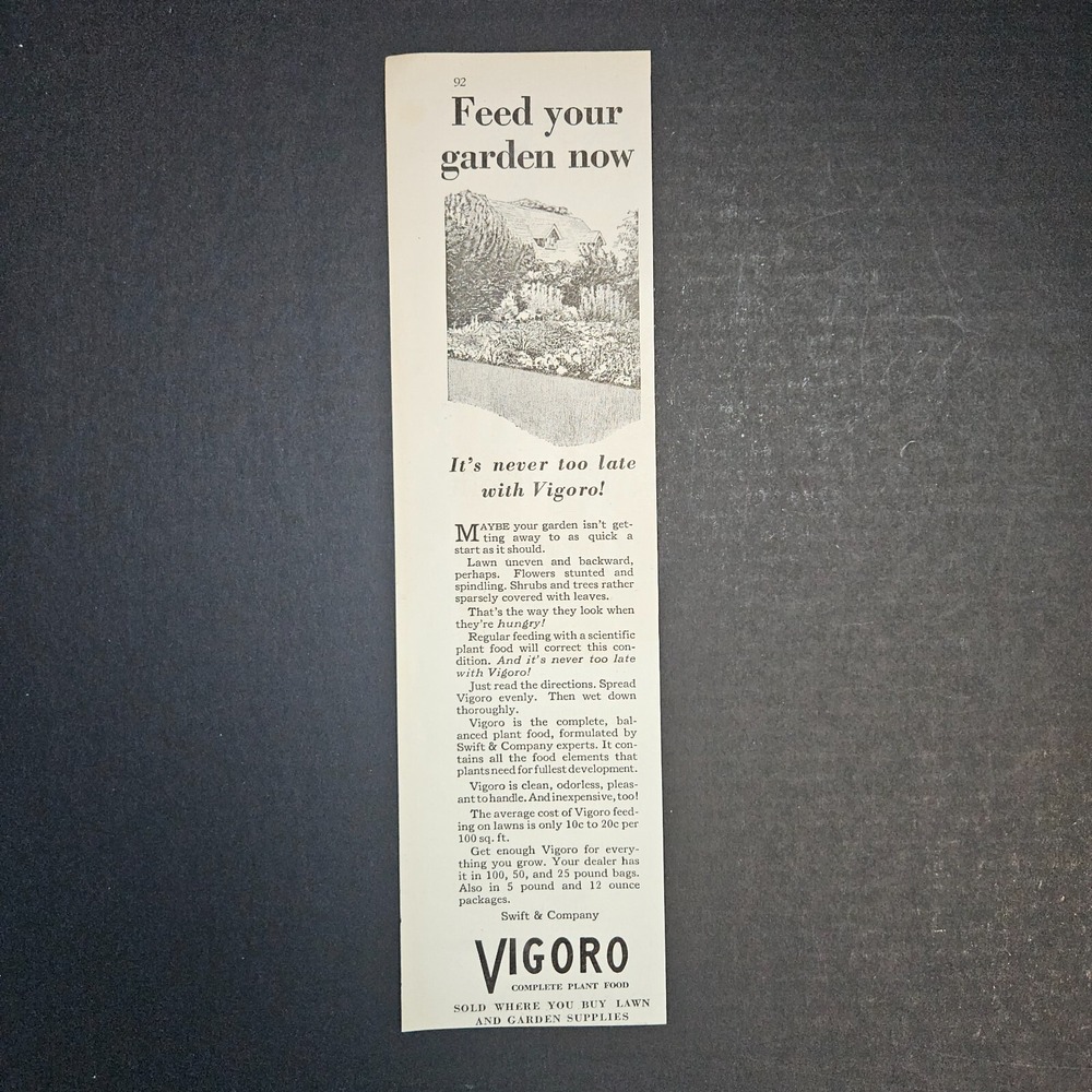 1930 Vigoro Complete Plant Food 1/3 Page Black & White Vintage Magazine Print Ad